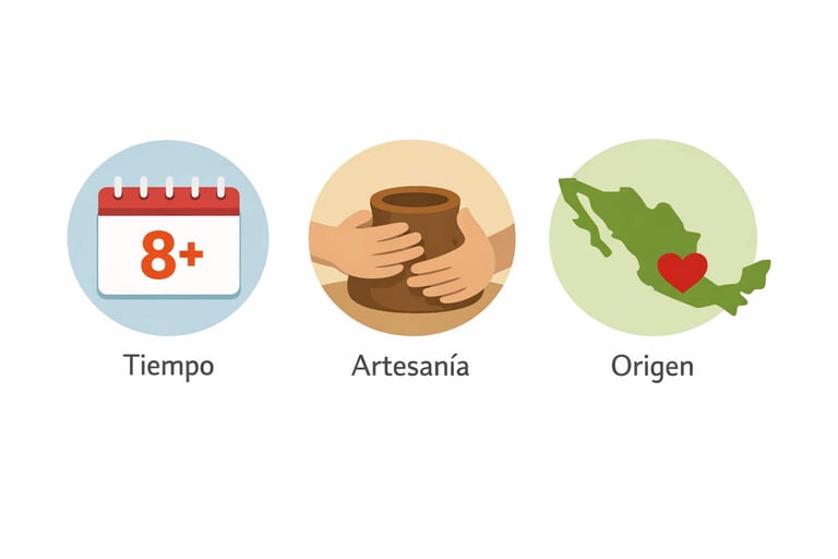 Infografía que muestra iconos de un calendario (tiempo), unas manos (artesanía) y un mapa (origen) a