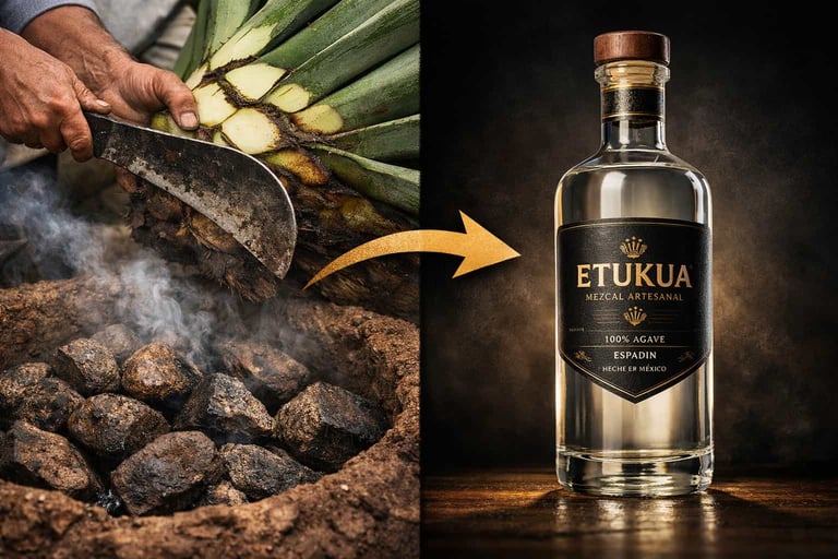 Imagen conceptual que contrasta el proceso artesanal de Etukua (maguey, horno de tierra) con una bot