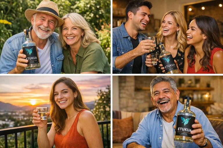 Collage de fotos de clientes sonrientes sosteniendo sus botellas de mezcal Etukua en diferentes ento