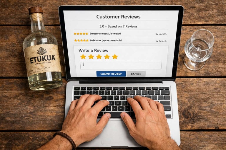 Manos tecleando una reseña positiva en una laptop, con una botella de mezcal Etukua y una copa vacía