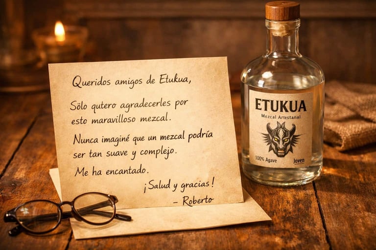 Una carta manuscrita de agradecimiento por el mezcal Etukua, junto a la botella y sobre una mesa de 