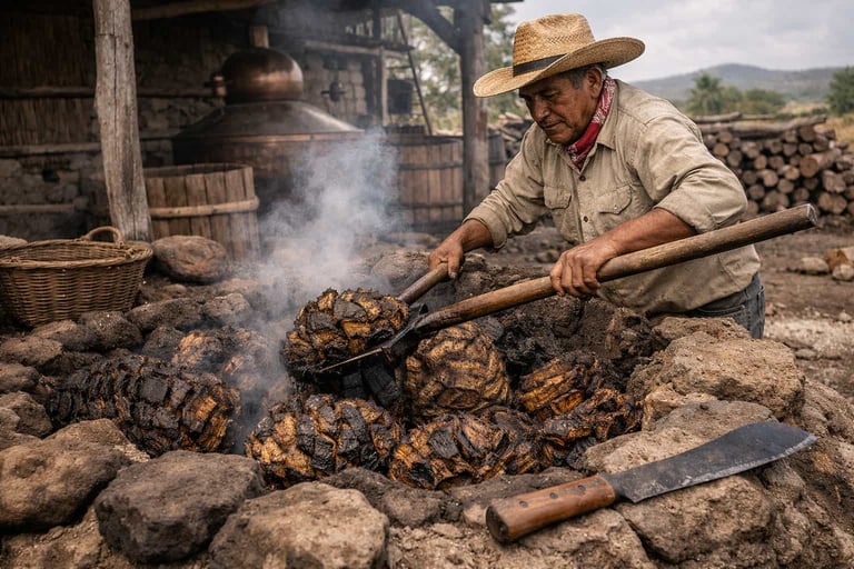 Elaboración tradicional de mezcal en palenque rural