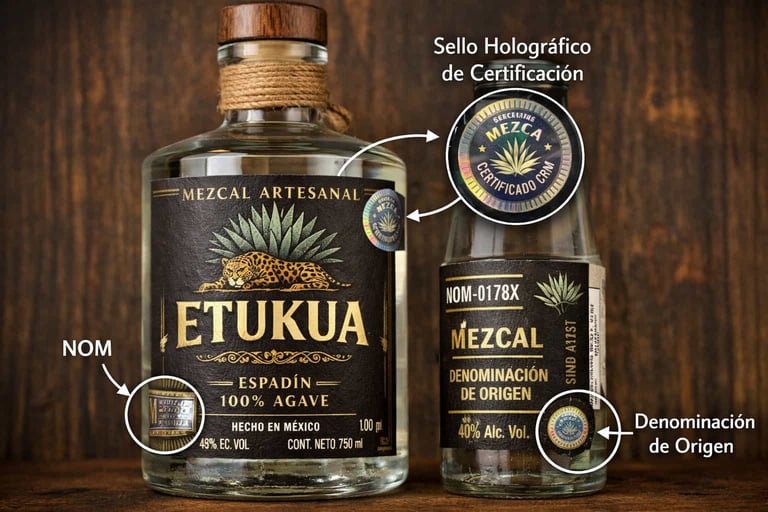 Etiqueta completa de una botella de mezcal artesanal mostrando el sello holográfico, la NOM y la den