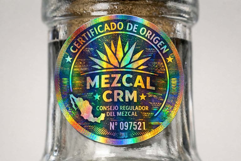 Close-up nítido del sello holográfico oficial de certificación de origen del Consejo Regulador del M