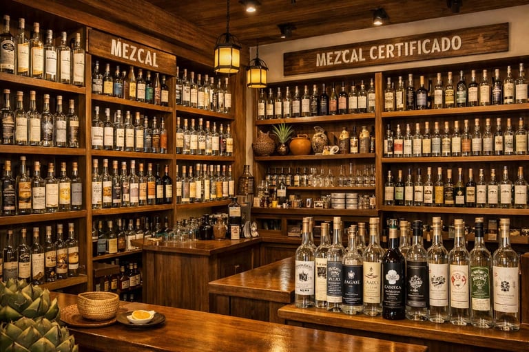 Fotografía del interior de una vinoteca o tienda especializada con botellas de mezcal bien exhibidas