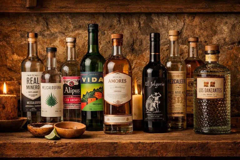 Colección de botellas de mezcal de marcas reconocidas y de prestigio alineadas en una repisa de made