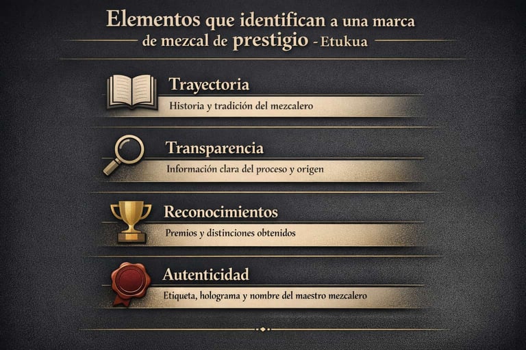 Infografía que muestra los elementos clave de una marca de mezcal de prestigio: etiqueta detallada, 