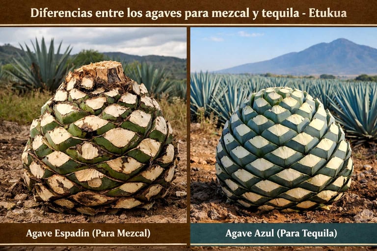 Comparación visual entre una piña de agave espadín (para mezcal) y una de agave azul (para tequila).