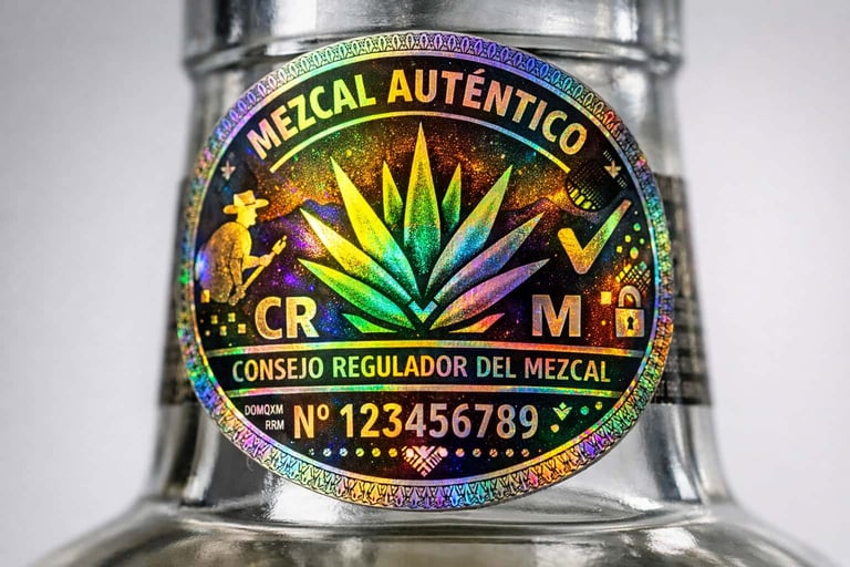 Primer plano detallado del sello holográfico oficial del Consejo Regulador del Mezcal en una botella