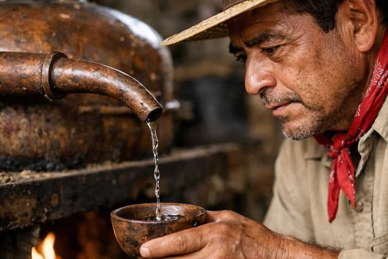 Maestro mezcalero revisando el flujo del líquido durante la destilación en alambique tradicional.