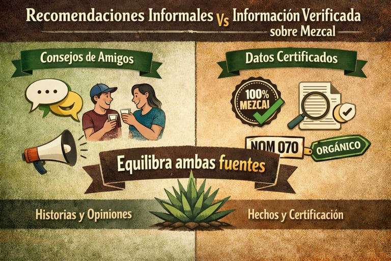 Infografía comparando recomendaciones casuales de amigos con información certificada sobre mezcal.