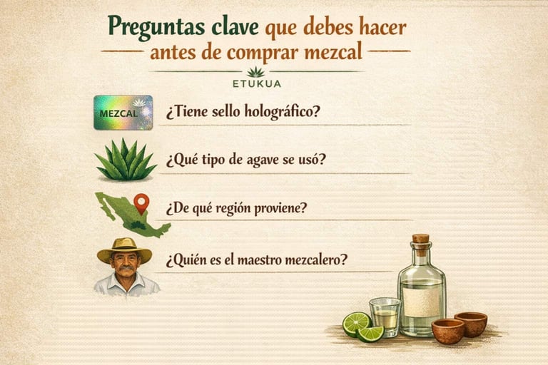 Lista visual de preguntas importantes al evaluar una recomendación de mezcal.