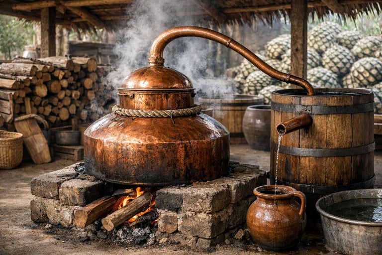 Destilación tradicional de mezcal en alambique de cobre, mostrando proceso artesanal y seguro.
