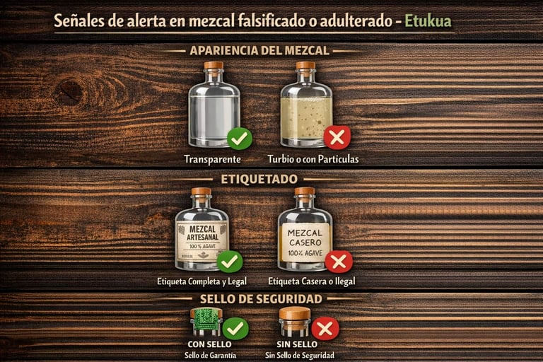 Infografía mostrando señales visuales de mezcal adulterado: turbiedad, partículas, etiquetado incorr