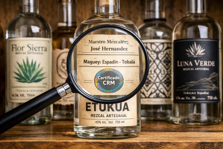 Colección de botellas de mezcal artesanal de marcas emergentes, con una lupa sobre la etiqueta de Et