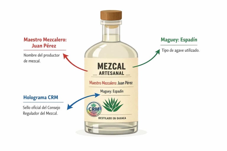 Infografía que señala con flechas los elementos clave en una etiqueta de mezcal: maestro mezcalero, 