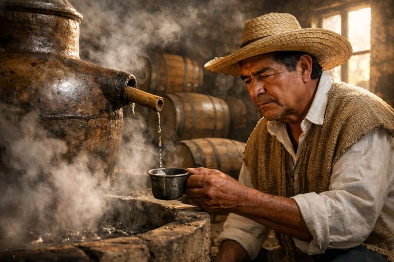 Maestro mezcalero revisando un lote pequeño de mezcal en una destilería tradicional, con barricas de