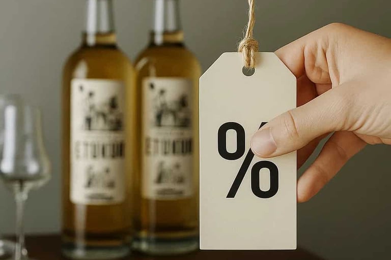 Mano sosteniendo una etiqueta con forma de tag de precio con un símbolo de porcentaje de descuento,