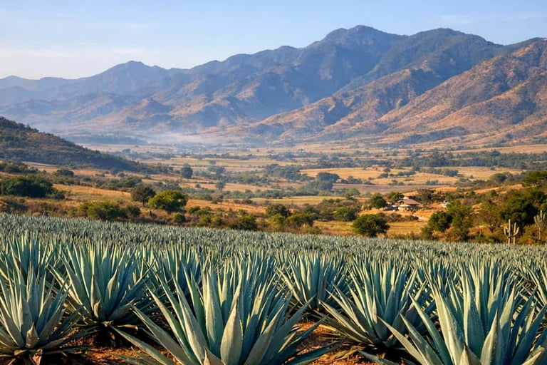 Vista de campos de agave en los valles centrales 
