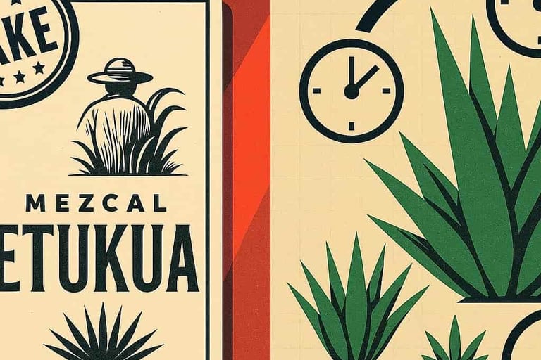  Etiquetas falsas de certificación junto a agaves de crecimiento artificialmente acelerado