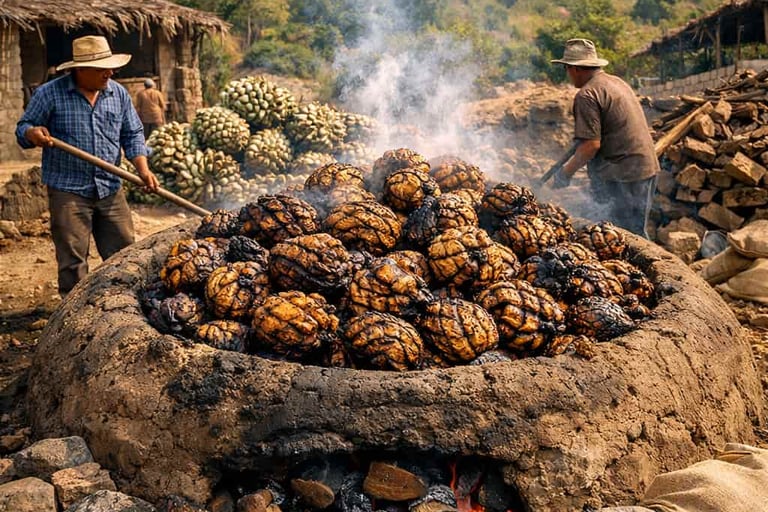 Horno de tierra tradicional usado en la elaboración de mezcal artesanal.Horno de tierra tradicional 