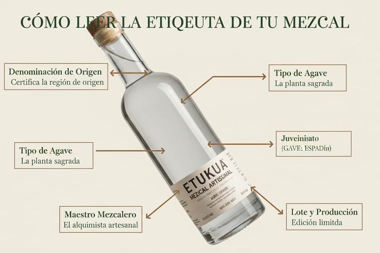 Primer plano detallado de la etiqueta de una botella de mezcal Etukua, con flechas y textos explican