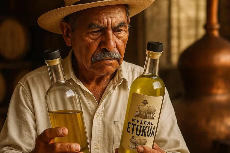 Representación visual de una comunidad digital analizando etiquetas de mezcal en pantallas de ordena