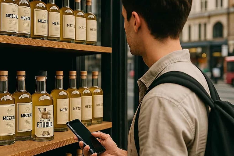  Persona sosteniendo un teléfono móvil frente a un estante con diferentes botellas de mezcal en un s