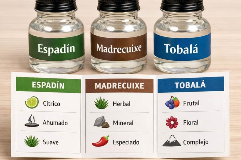Tres frascos pequeños de vidrio alineados, con etiquetas que dicen "Espadín", "Madrecuixe" y "Tobalá