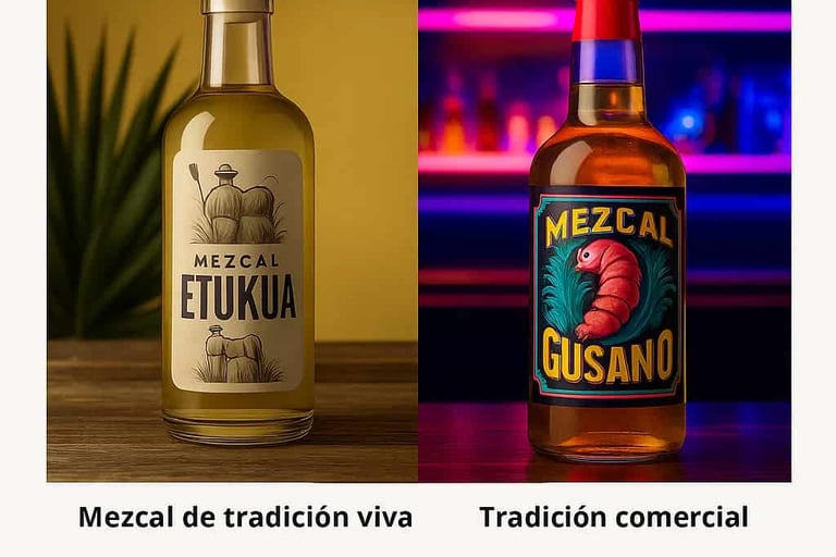 Comparación visual entre una botella de mezcal artesanal de tradición viva y una botella de mezcal c