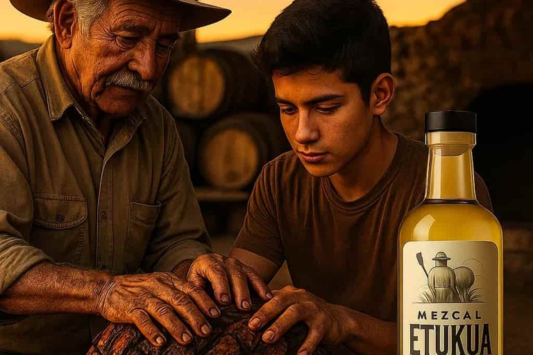Maestro mezcalero enseñando a joven aprendiz el proceso de cocción del maguey en horno de tierra
