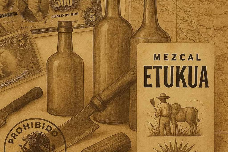 Collage vintage con elementos que representan la época del mercado negro del mezcal