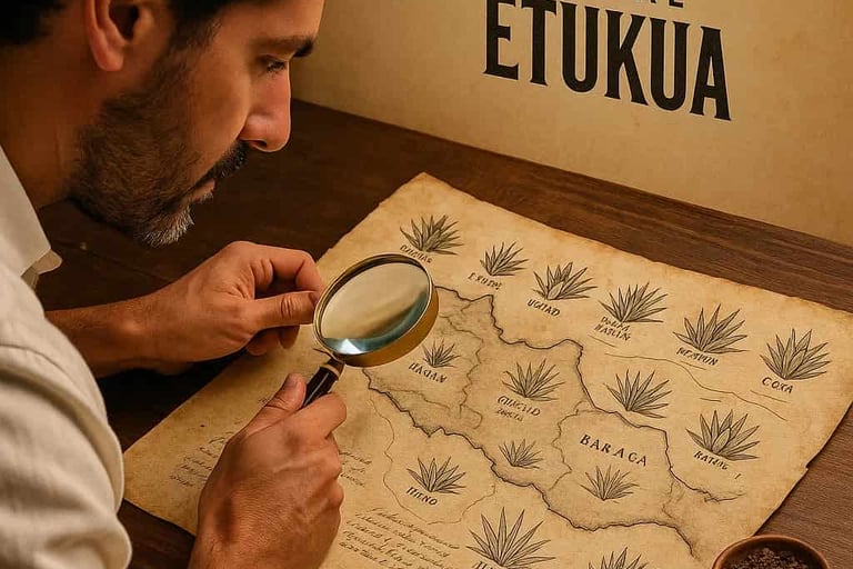 Un sommelier estudiando un mapa detallado de Oaxaca con diferentes iconos de magueyes marcando regio