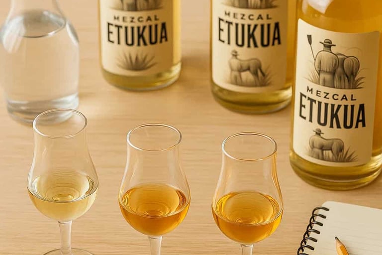 Vista aérea de tres copas tulipán con diferentes mezcales Etukua alineadas para una cata comparativa