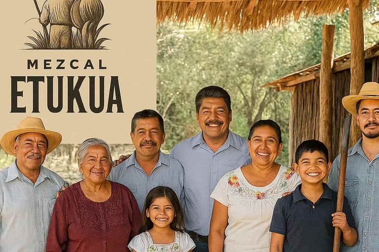Familia de maestros mezcaleros de Etukua posando juntos en su palenque tradicional