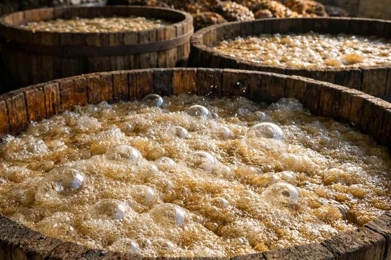 Tinas de madera con mosto de agave fermentándose de manera natural, burbujas visibles.