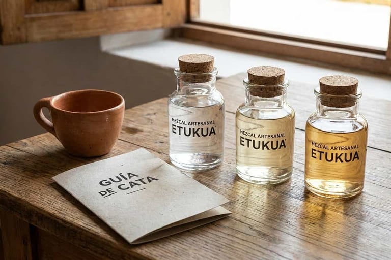 Tres frascos pequeños de vidrio con diferentes mezcales artesanales Etukua, acompañados de una copa 