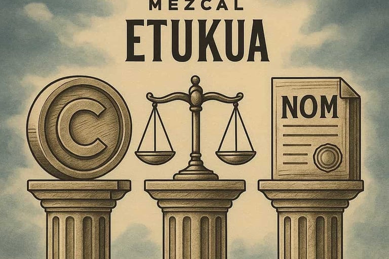  Ilustración de los tres pilares legales que protegen al mezcal: propiedad intelectual, regulaciones