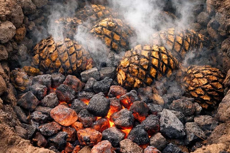 Piedras volcánicas calientes dentro de un horno de tierra, con vapor saliendo de las piñas de agave.