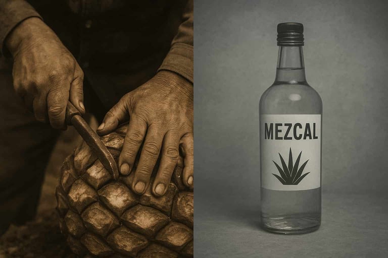  Imagen conceptual que contrasta las manos de un maestro mezcalero trabajando con una botella falsif