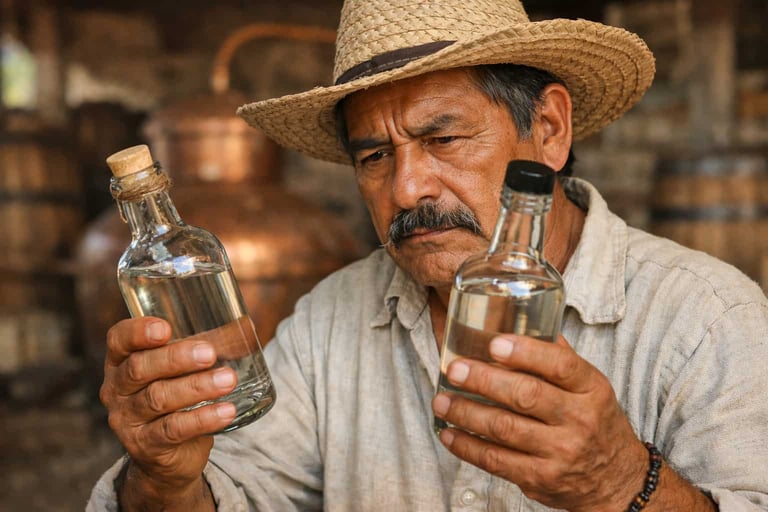 Maestro mezcalero con expresión seria comparando una botella auténtica con una falsa entre sus manos