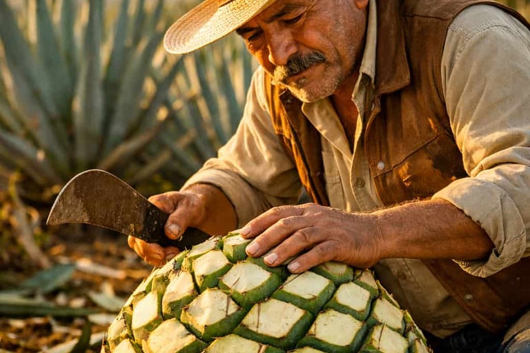 Experto revisando piña de agave antes de la cosecha