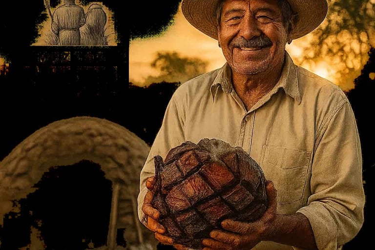 Maestro mezcalero de Etukua sonriendo mientras muestra un corazón de agave cocido en las manos, en 