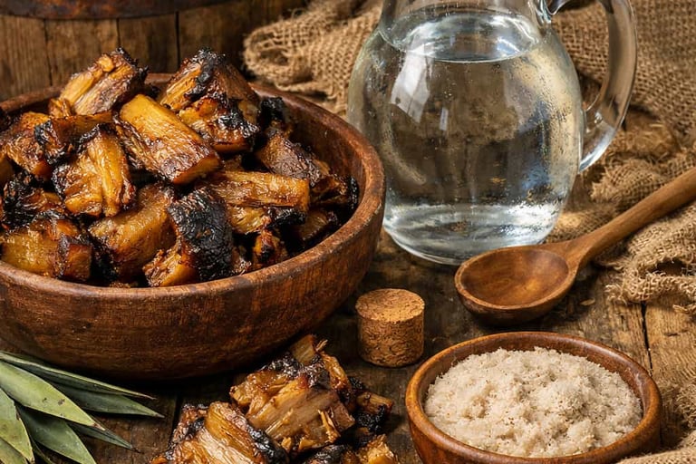 Ingredientes naturales como agave cocido, agua de manantial y levadura natural en una mesa de trabaj