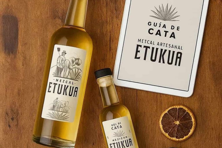 Paquete de iniciación Etukua con dos botellas de 250ml de Espadín y Ensamble junto a una guía de cat