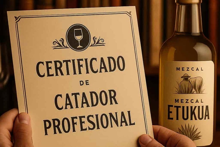 Manos sosteniendo un certificado de catador profesional, con una biblioteca de libros sobre mezcal y