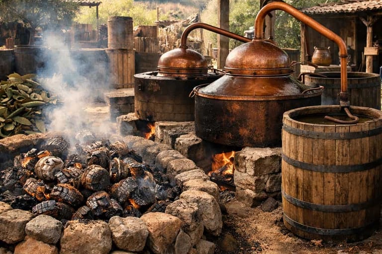  Horno de tierra y alambiques de cobre utilizados en la producción artesanal de mezcal.