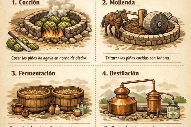 Esquema de pasos manuales en la elaboración de mezcal auténtico
