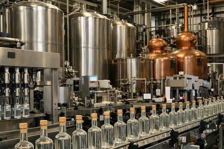 Línea de producción automatizada de mezcal industrial con tanques metálicos