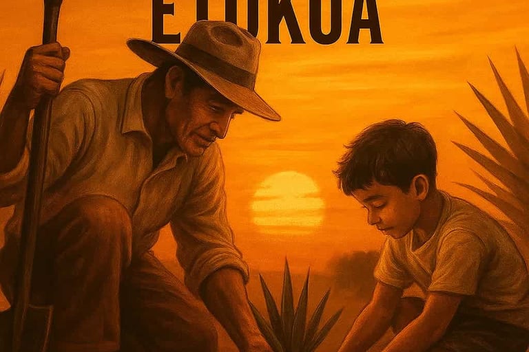 Maestro mezcalero enseñando a un niño a plantar maguey, representando esperanza y continuidad.Maestr